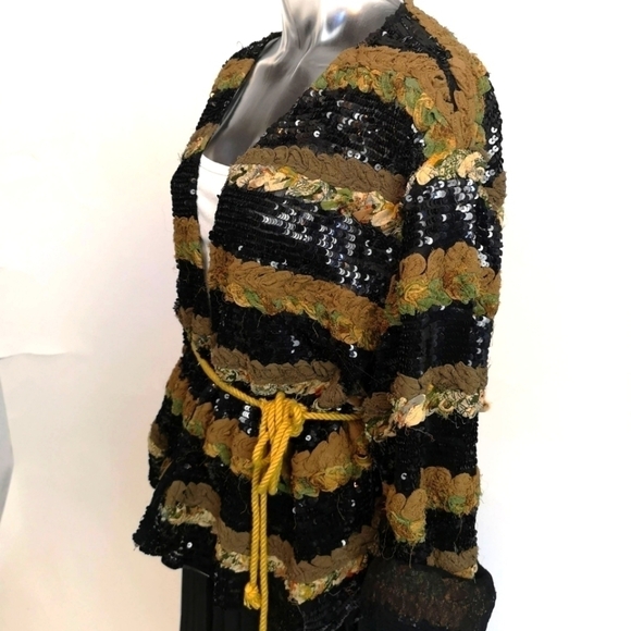 80s oversized silk striped sequins embroidered black collarless jacket - Picture 3 of 12